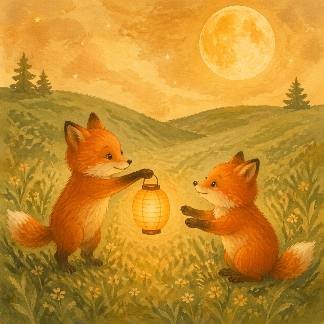Two foxes sharing a lantern in a meadow at dusk